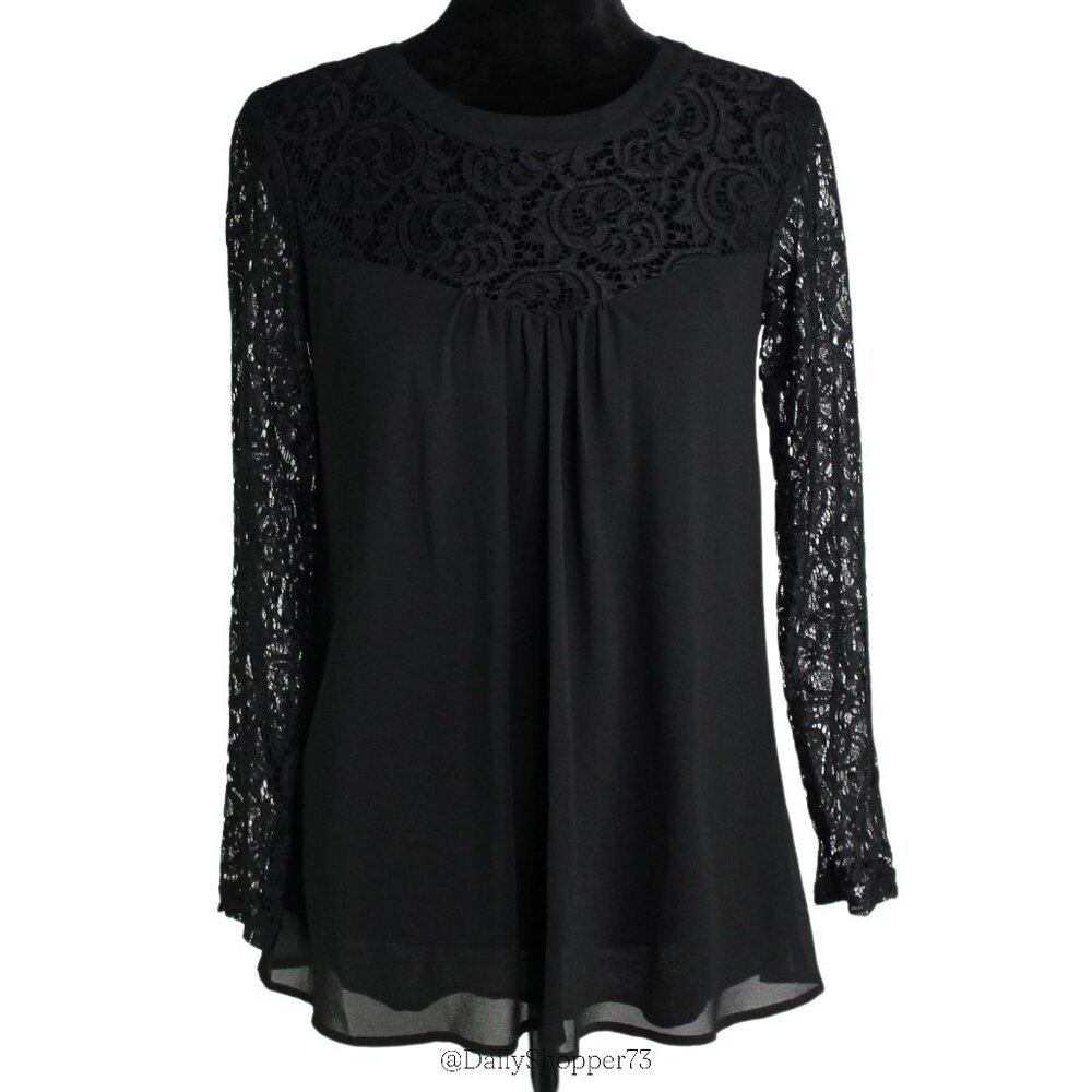 Vanberfia Women's Black Lace Sweetheart Long Sleeve Blouse